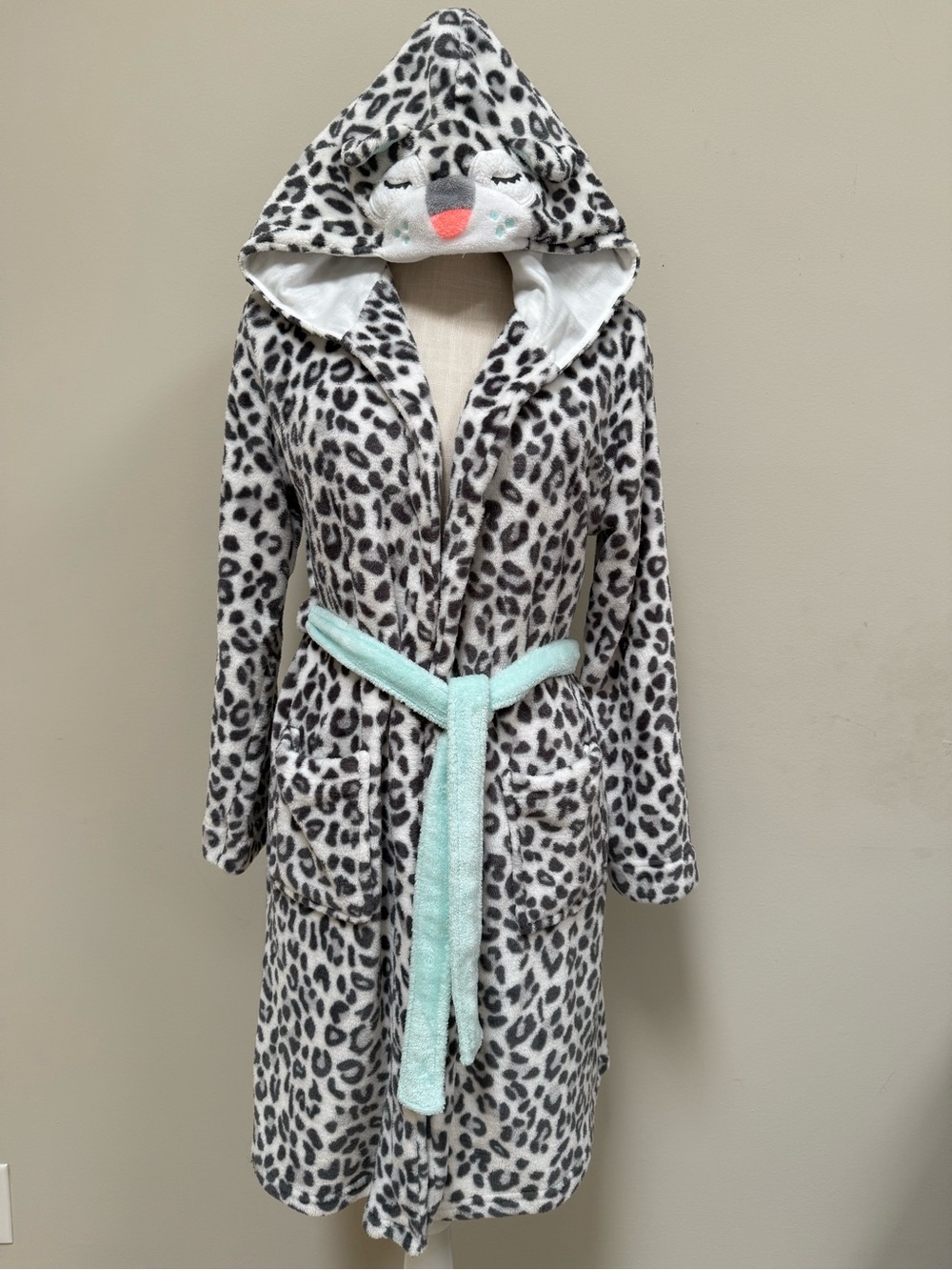 Cat & Jack Leopard Print Robe with Hood and Mint Tie Belt